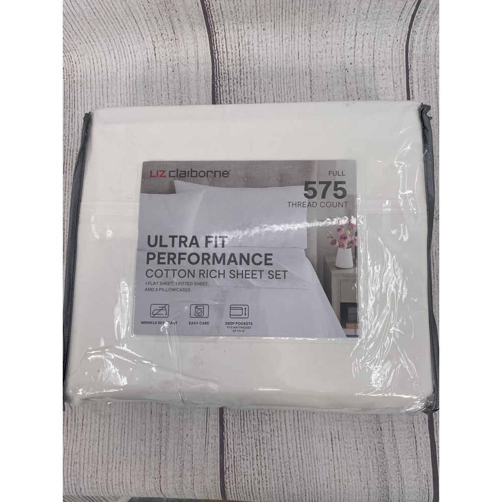 Liz Claiborne Sheet Set Full White 575 Thread Count Ultra Fit Performance Crisp